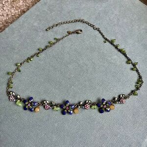 VTG Y2K Premier Designs Floral Necklace Purple Enamel Rhinestone 16.5–19.5”